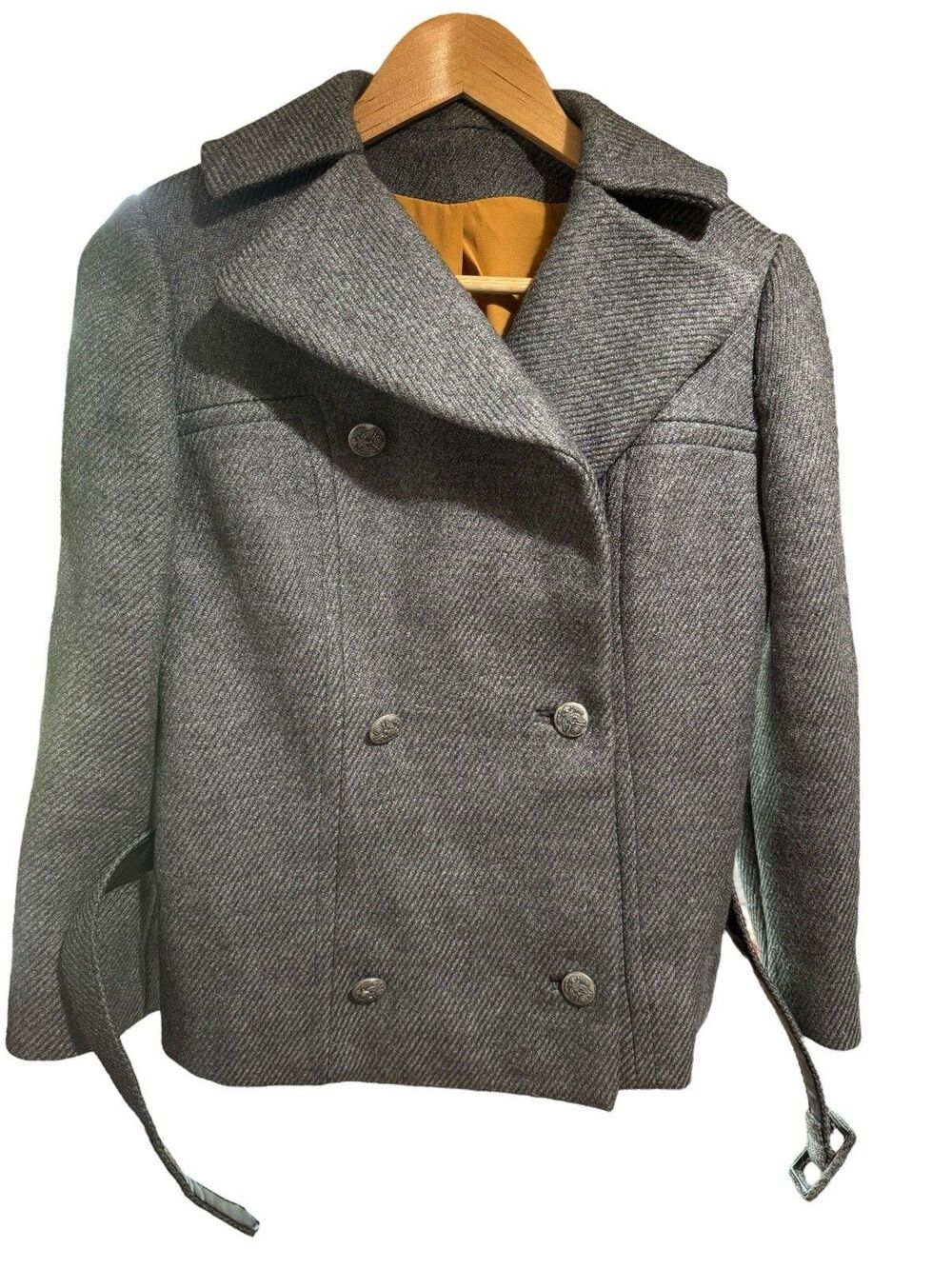 Vintage Pea Coat Womens Gray Wool Union Made Belted Young Elegant Jim Baldwin